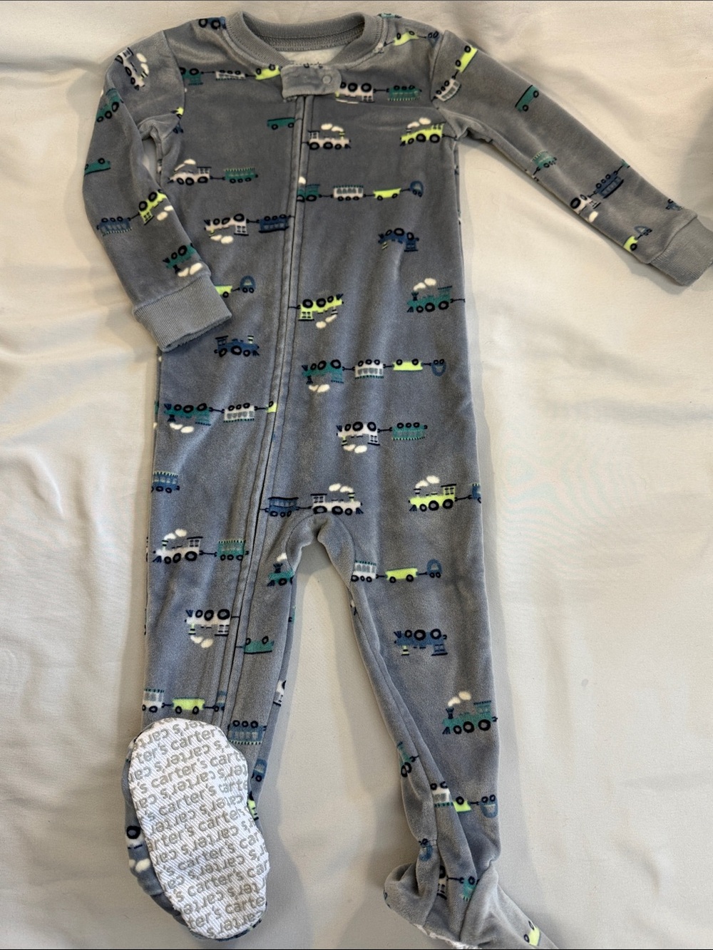 Carter's LIKE NEW Grey Velour Train Print Footed One-Piece